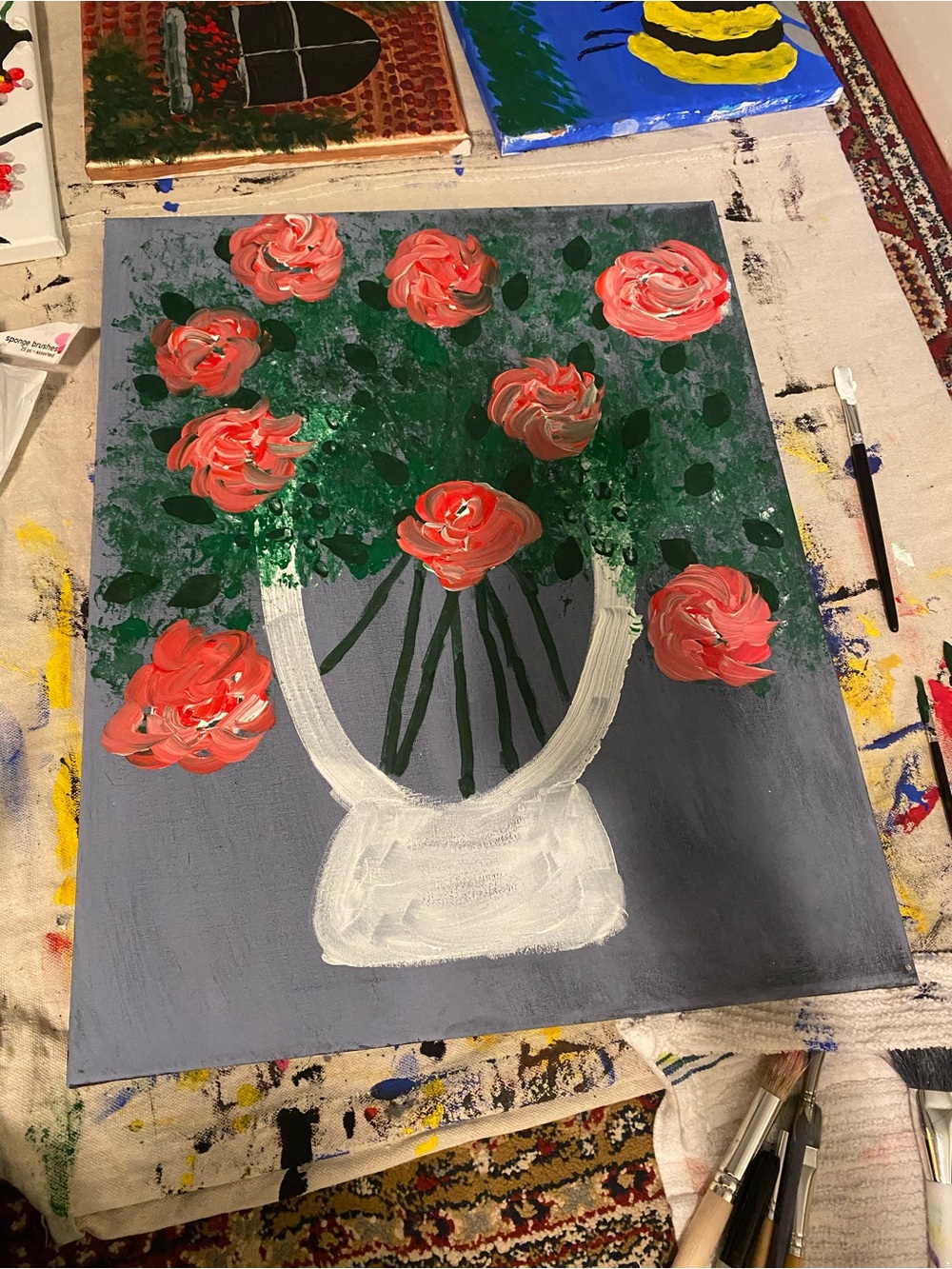 Hand-Painted Pink Floral Vase Canvas - Unbranded